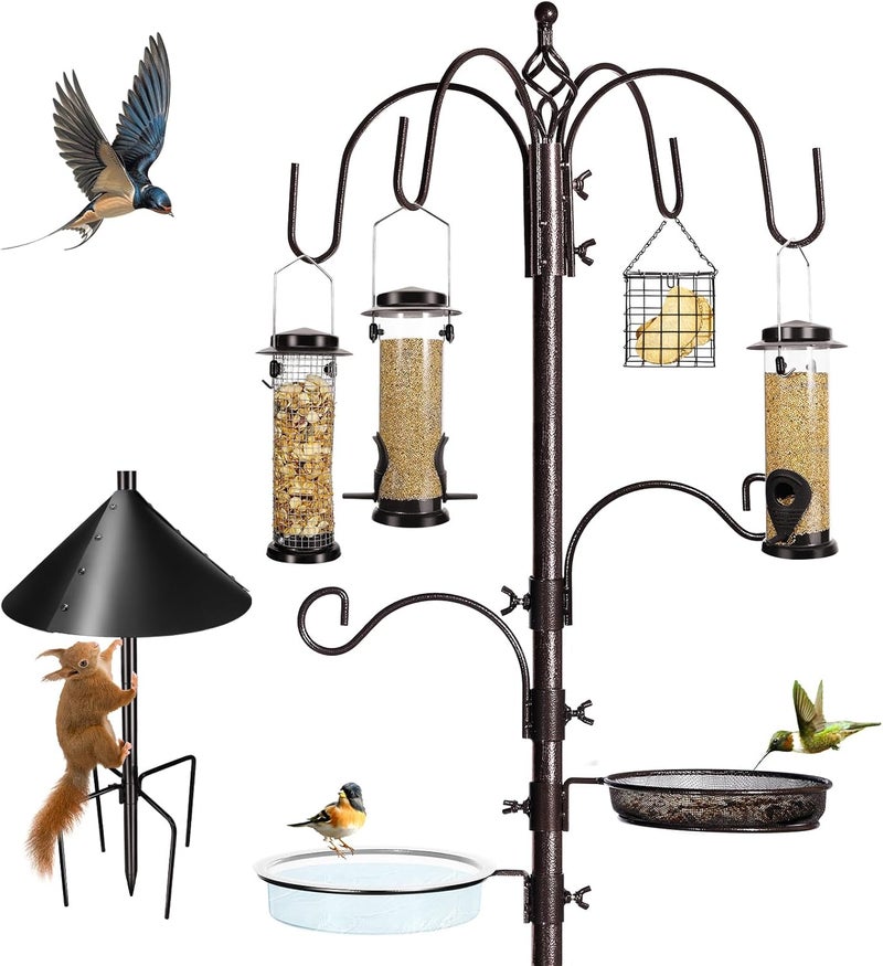 YINGYM 6-Hook Bird Feeding Station Kit Wild Bird Feeder Stand Pole, Multi-Feeder Hanging Kit Stand with Water Bowl, Mesh Tray and Squirrel Guard Baffle, 94 Inch - Image 1